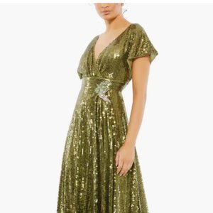 MAC DUGGAL EMPIRE WAIST A-LINE OLIVE SEQUIN GOWN - SIZE 14